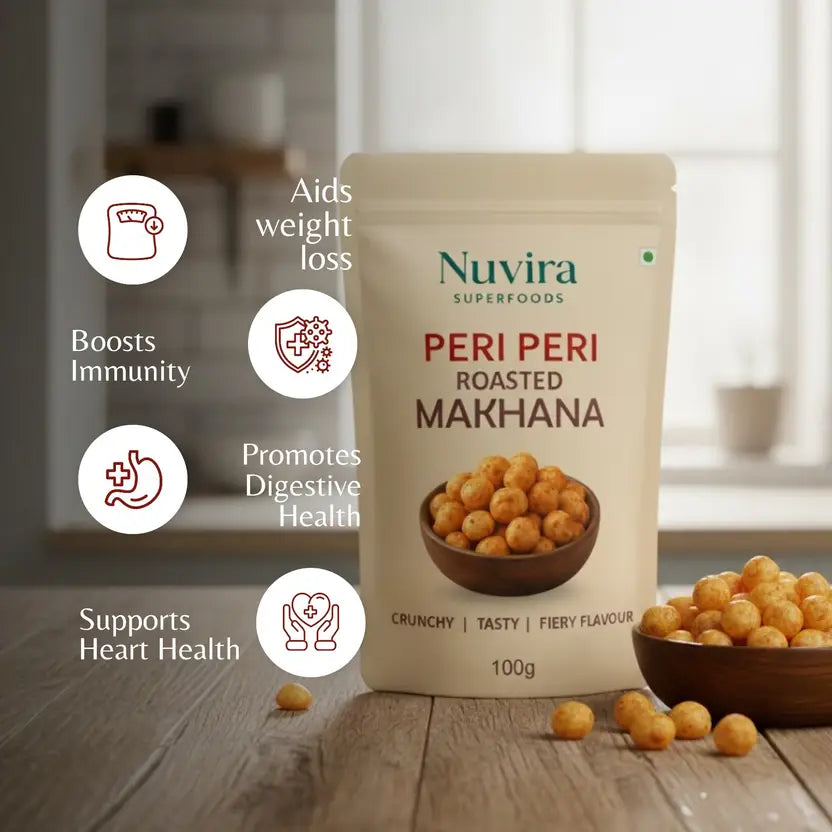 Nuvira Superfoods Peri Peri Roasted Makhana – Healthy Crunchy Snack 100g Lotus Seeds(Makhana)
