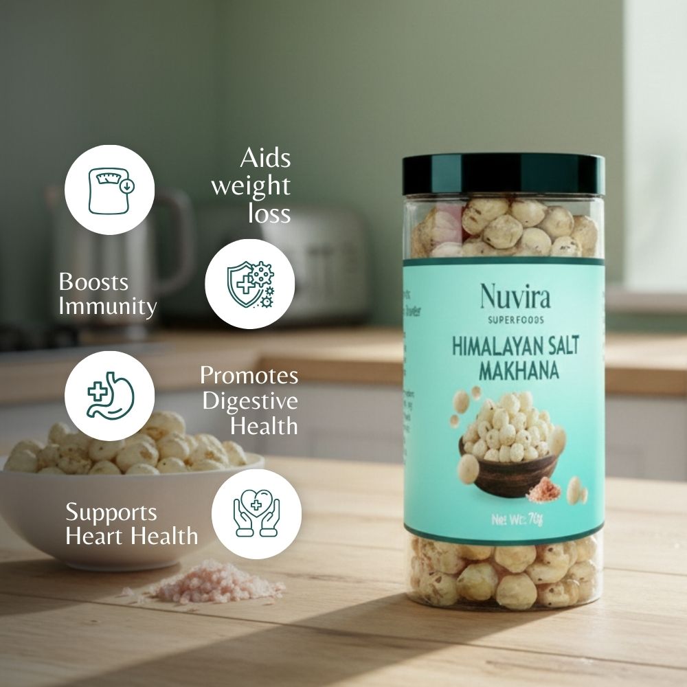 Nuvira Himalayan Salted Roasted and Flavoured Makhana | Healthy & Crunchy Snack | Cholesterol Free | Gluten Free | Rich In Protein & Calcium | Roasted In Olive Oil - 70gm Jar