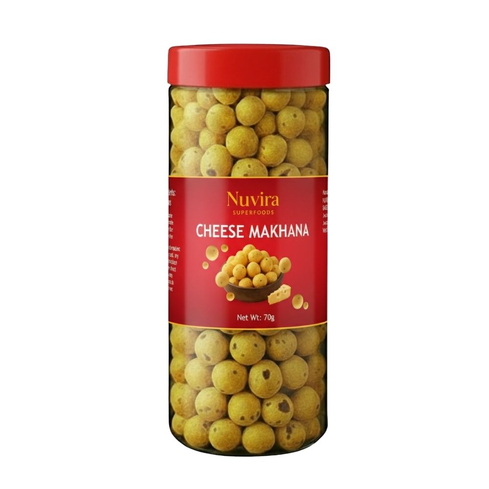 Nuvira Roasted and Flavoured Cheesy Makhana | Namkeen Snacks & Puffed Snacks | Healthy Snack | Cholesterol Free | Gluten Free | Rich In Protein & Fiber | Roasted in Olive Oil - 70gm Jar