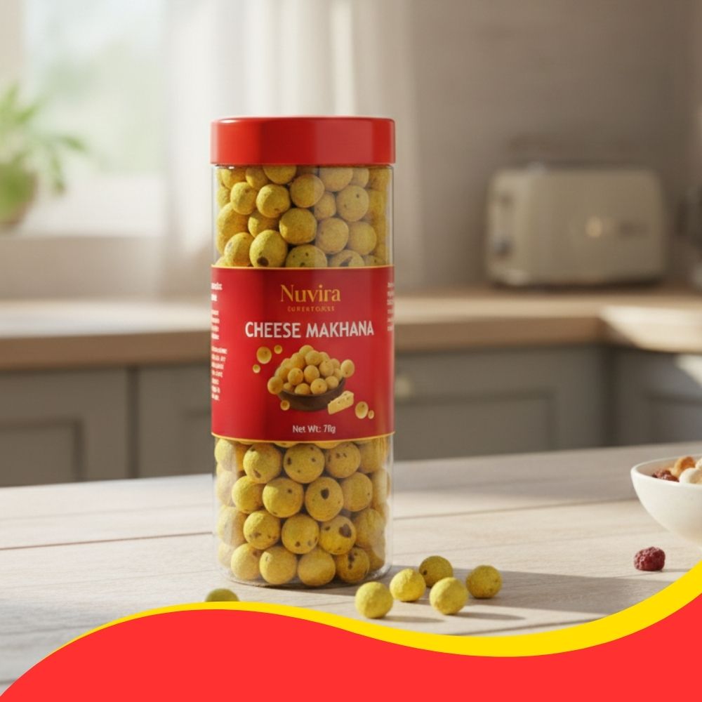 Nuvira Roasted and Flavoured Cheesy Makhana | Namkeen Snacks & Puffed Snacks | Healthy Snack | Cholesterol Free | Gluten Free | Rich In Protein & Fiber | Roasted in Olive Oil - 70gm Jar