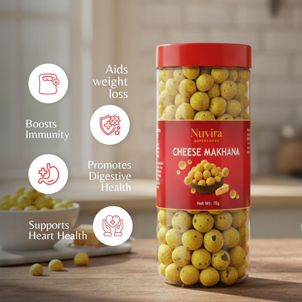 Nuvira Roasted and Flavoured Cheesy Makhana | Namkeen Snacks & Puffed Snacks | Healthy Snack | Cholesterol Free | Gluten Free | Rich In Protein & Fiber | Roasted in Olive Oil - 70gm Jar