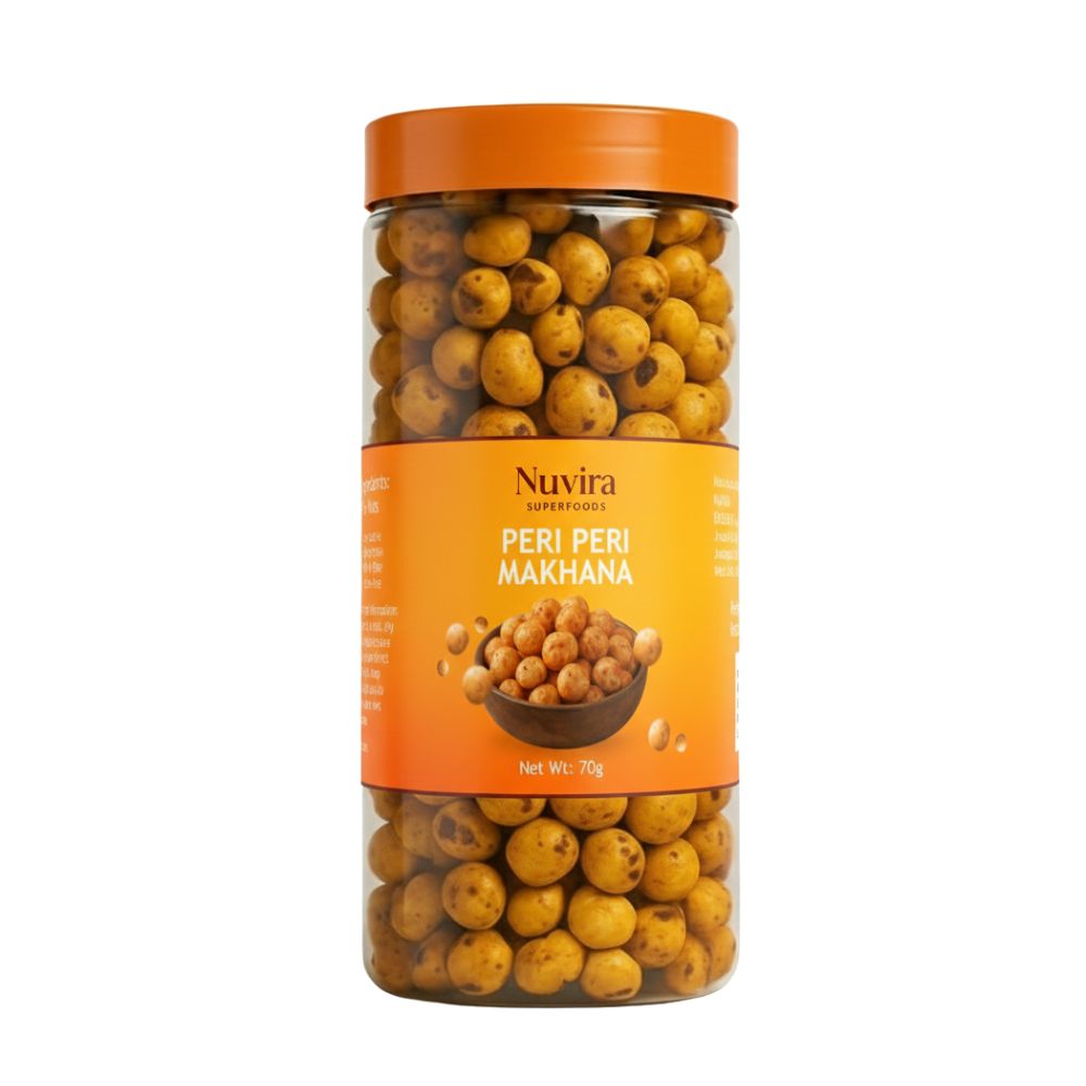 Nuvira Peri-Peri Makhana| Crunchy Roasted Fox Nuts | Spicy Tangy Peri-Peri Flavor | Healthy Snack 70gm Jar