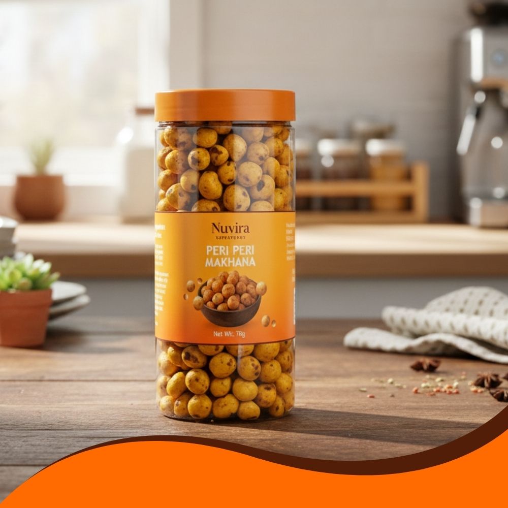 Nuvira Peri-Peri Makhana| Crunchy Roasted Fox Nuts | Spicy Tangy Peri-Peri Flavor | Healthy Snack 70gm Jar