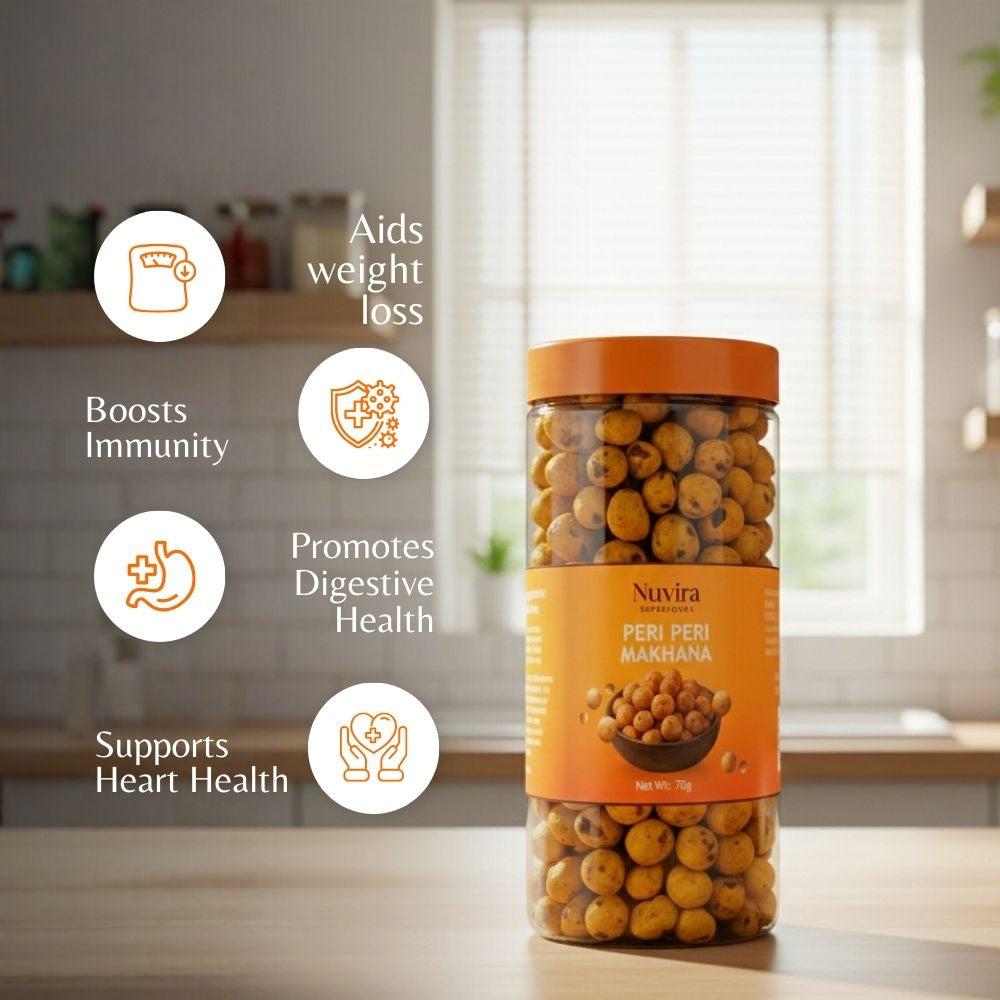 Nuvira Peri-Peri Makhana| Crunchy Roasted Fox Nuts | Spicy Tangy Peri-Peri Flavor | Healthy Snack 70gm Jar