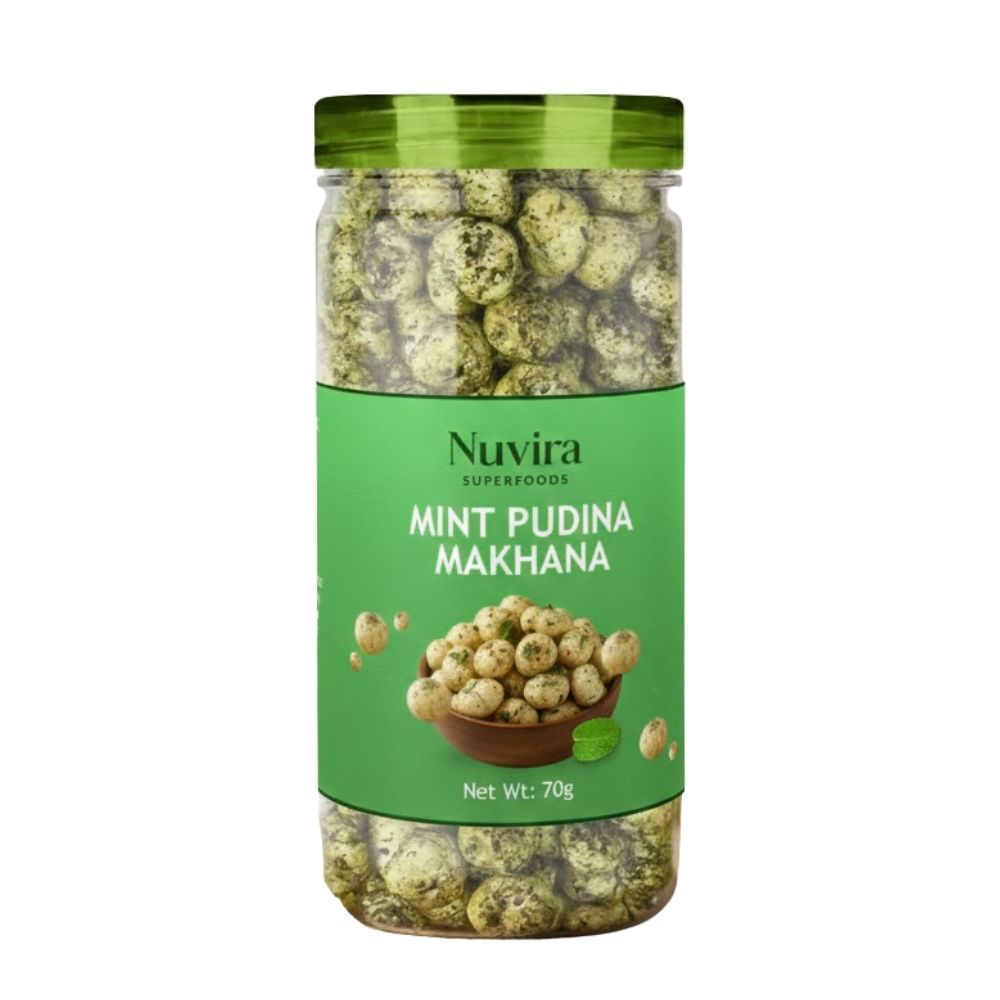 Nuvira Mint Pudina Makhana 70gm | Refreshing Roasted Fox Nuts | Cool Mint Flavor | Healthy, Crunchy & Guilt-Free Indian Snack 70gm Jar