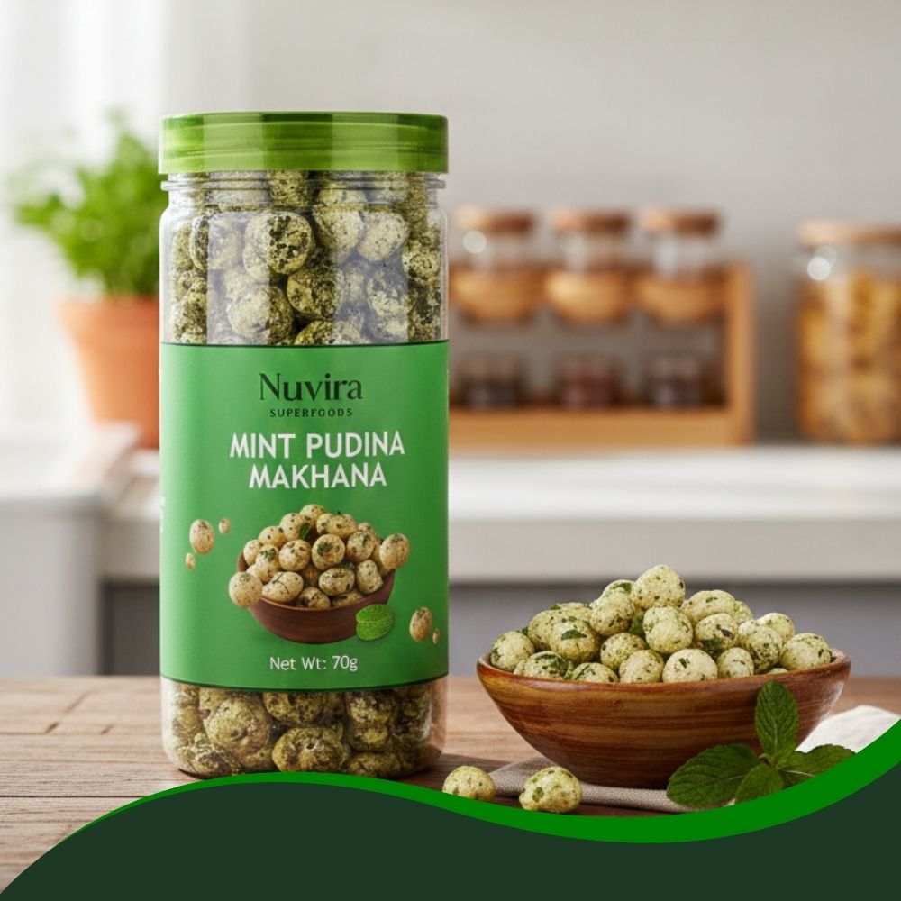 Nuvira Mint Pudina Makhana 70gm | Refreshing Roasted Fox Nuts | Cool Mint Flavor | Healthy, Crunchy & Guilt-Free Indian Snack 70gm Jar