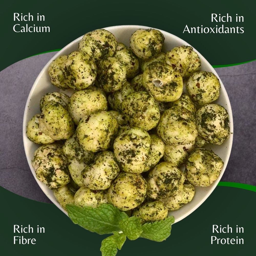 Nuvira Mint Pudina Makhana 70gm | Refreshing Roasted Fox Nuts | Cool Mint Flavor | Healthy, Crunchy & Guilt-Free Indian Snack 70gm Jar